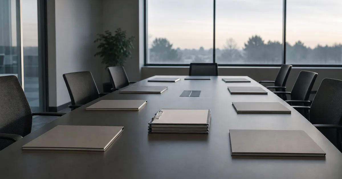 An empty corporate onboarding room at early morning, a long table lined with unopened document folders and a stack of blank clipboards, cool grey daylight