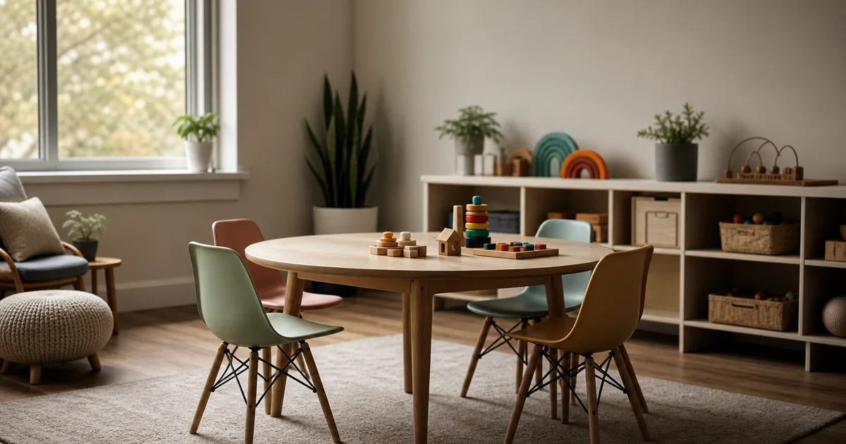 A warm pediatric therapy room with small chairs, learning materials on neat shelves and a round table, soft afternoon light, no people