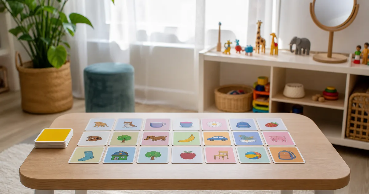 A speech-language pathologist working with an adult patient at a clinic table using communication cards in a bright therapy room