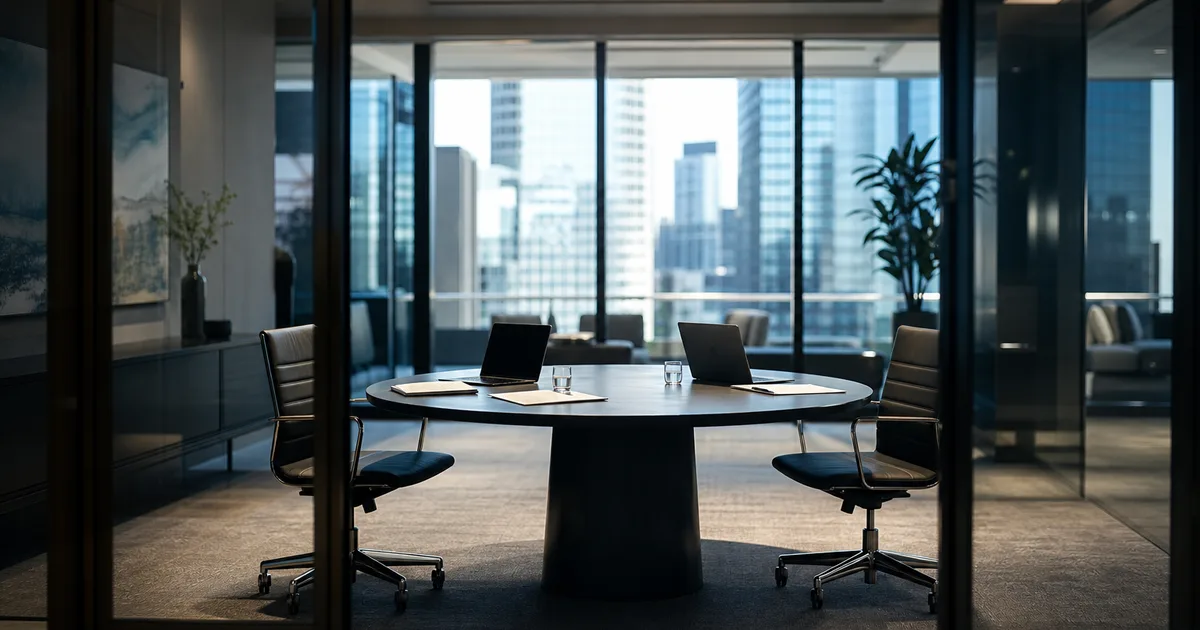 A professional shaking hands across a conference table with documents and a laptop visible in a modern office