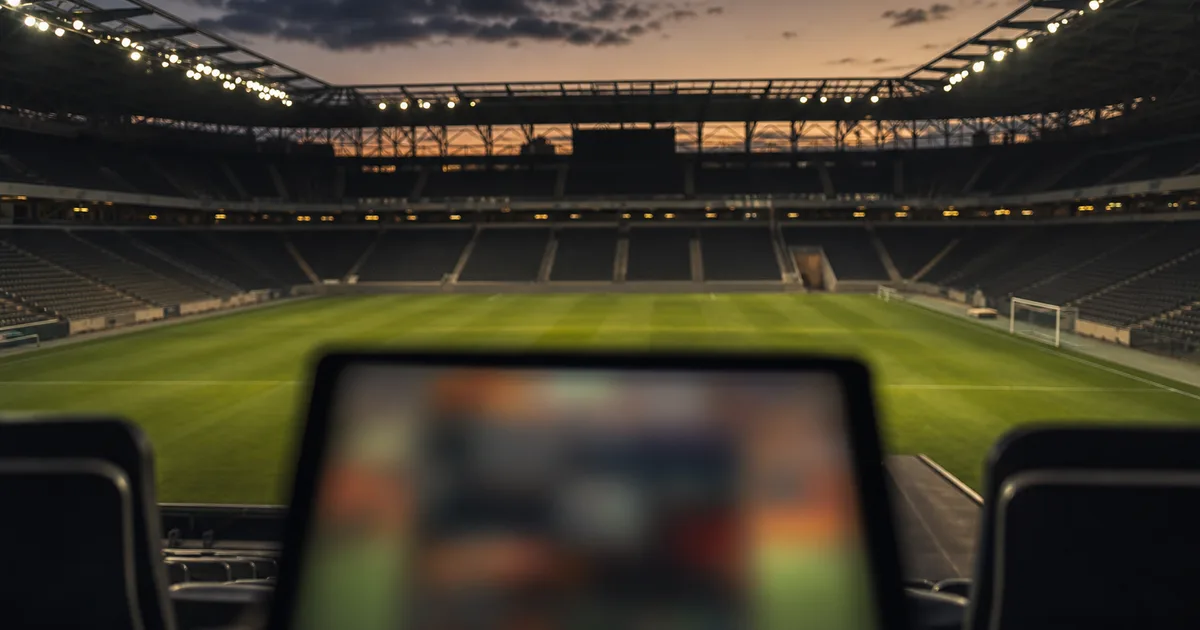 A stadium at dusk seen from the stands with the empty pitch lit, a tablet showing blurred performance charts in the foreground, no people