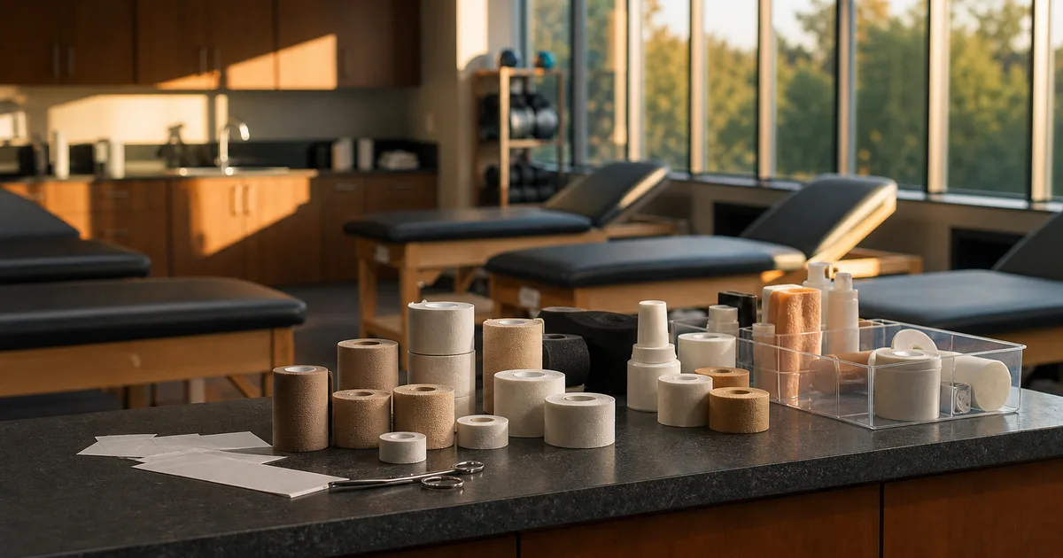 A physical therapy aide helping a patient perform a rehabilitation exercise in a bright clinical gym with equipment in the background