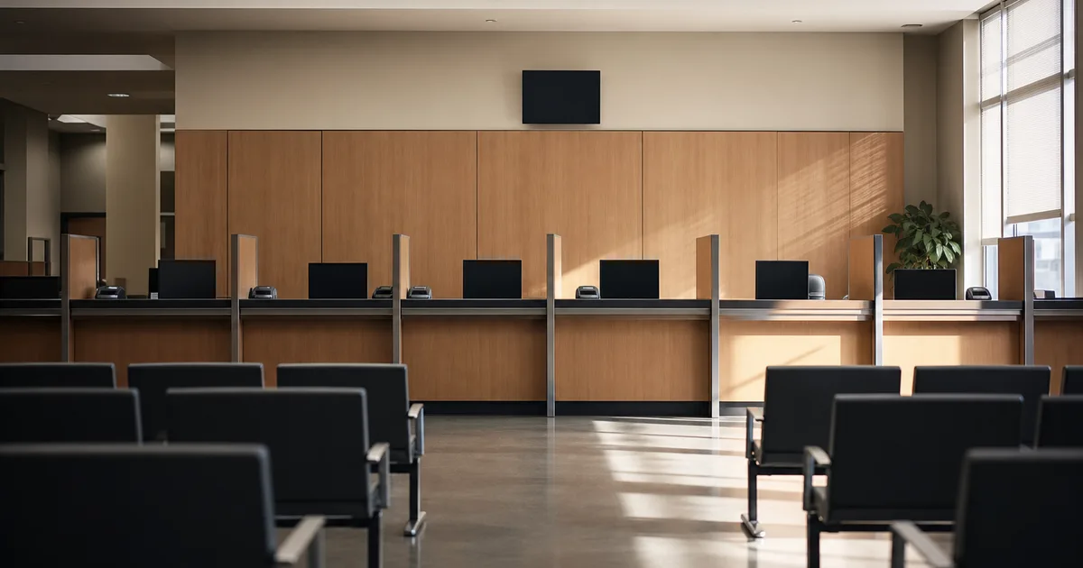 A government service office counter with a numbered waiting display and empty chairs, clean institutional daylight, no readable text, no people