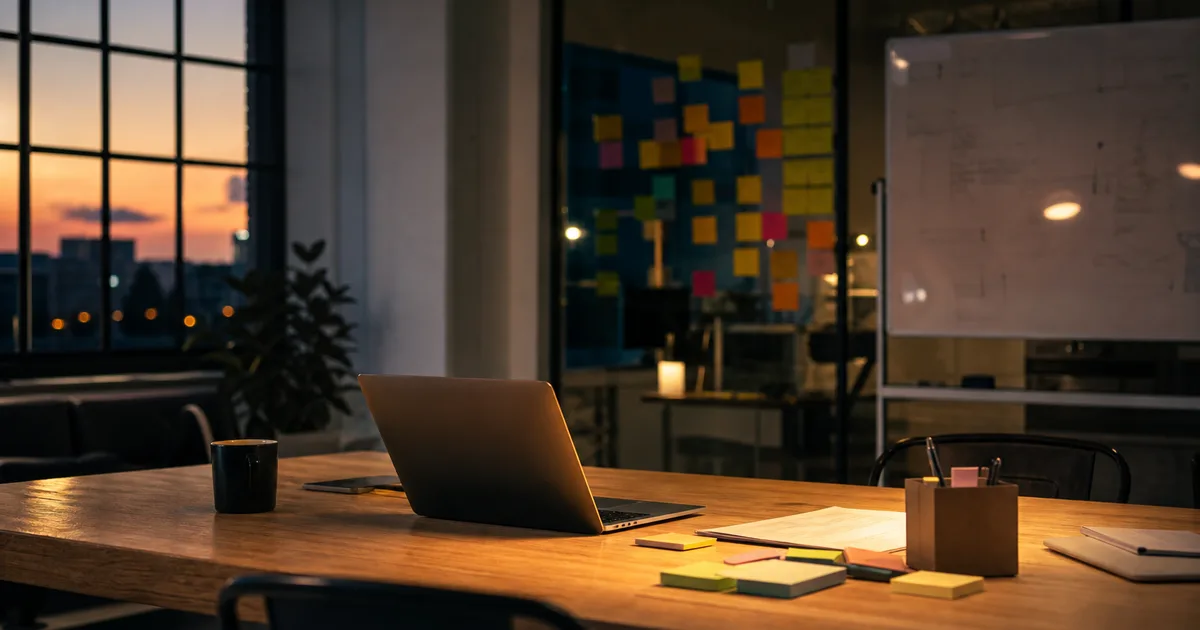 A startup garage-style workspace at dusk with a laptop, sticky notes on a glass wall and a whiteboard with blurred sketches, warm light, no people