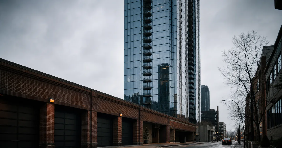 A wide-angle view of a sleek glass skyscraper towering over a low brick garage-style building on an overcast urban street, shot at street level with a