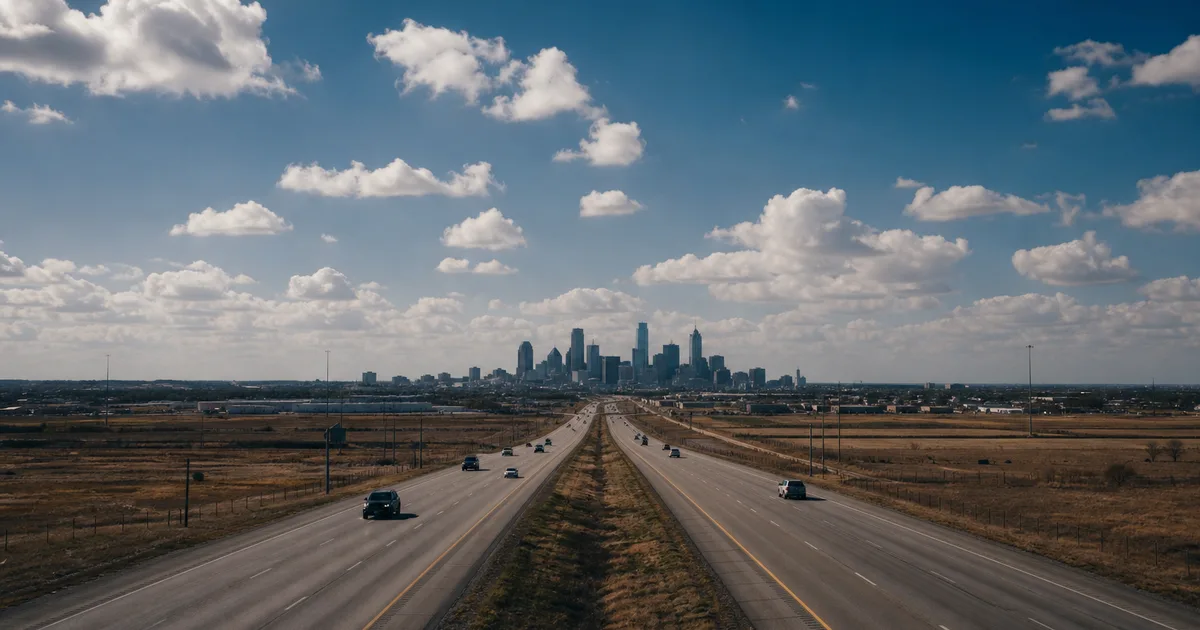 A highway stretching toward a downtown skyline at midday, flanked by flat open land under a wide blue sky with scattered clouds