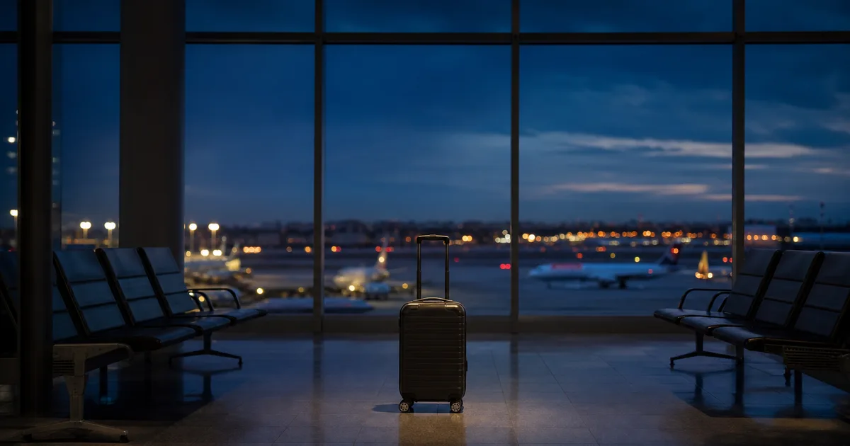 An international student with a rolling suitcase pausing at an airport terminal window overlooking a runway at dusk