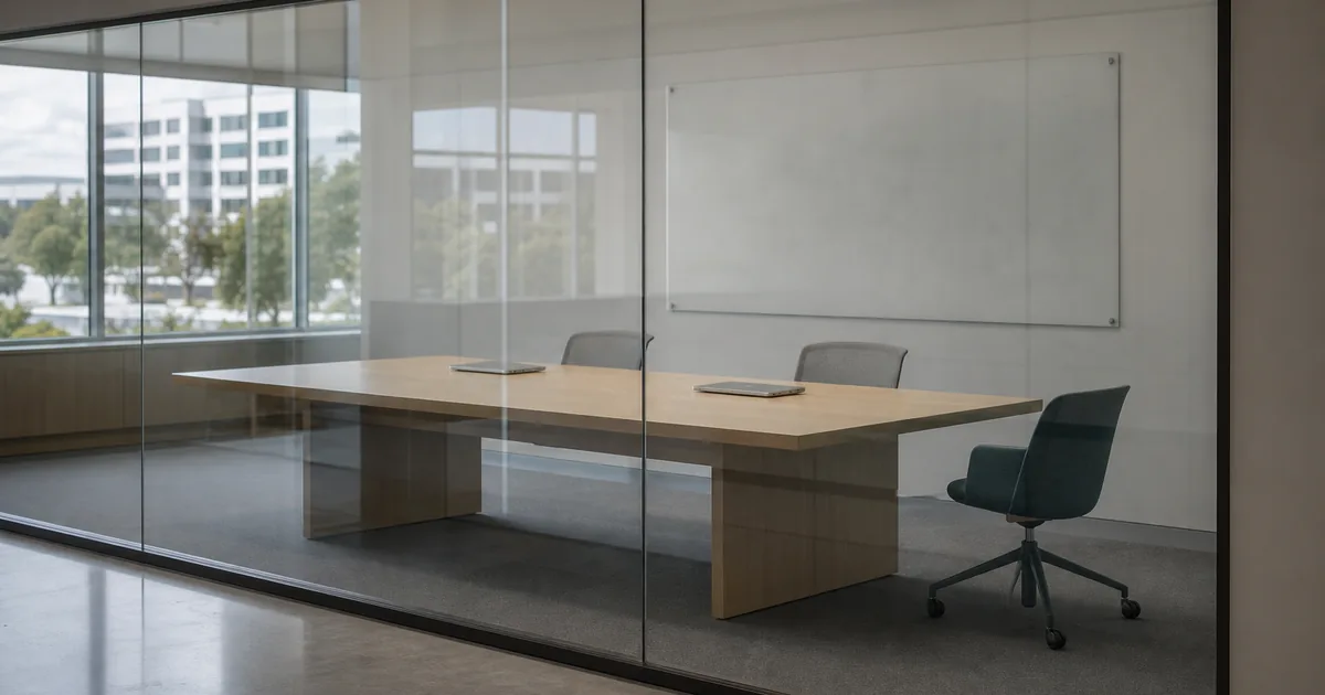 An empty glass-walled client meeting room seen from a corridor, two laptops closed on a long table, cool daylight, quiet and impersonal, no people