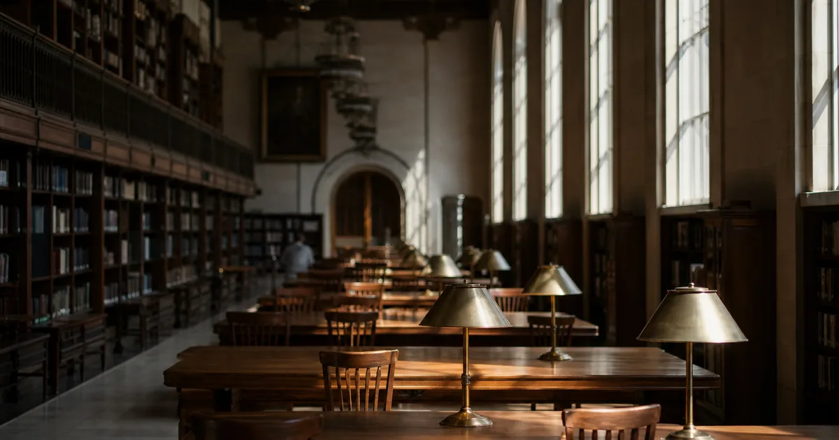 A university library reading room with tall bookshelves, natural light streaming through arched windows onto empty wooden study tables