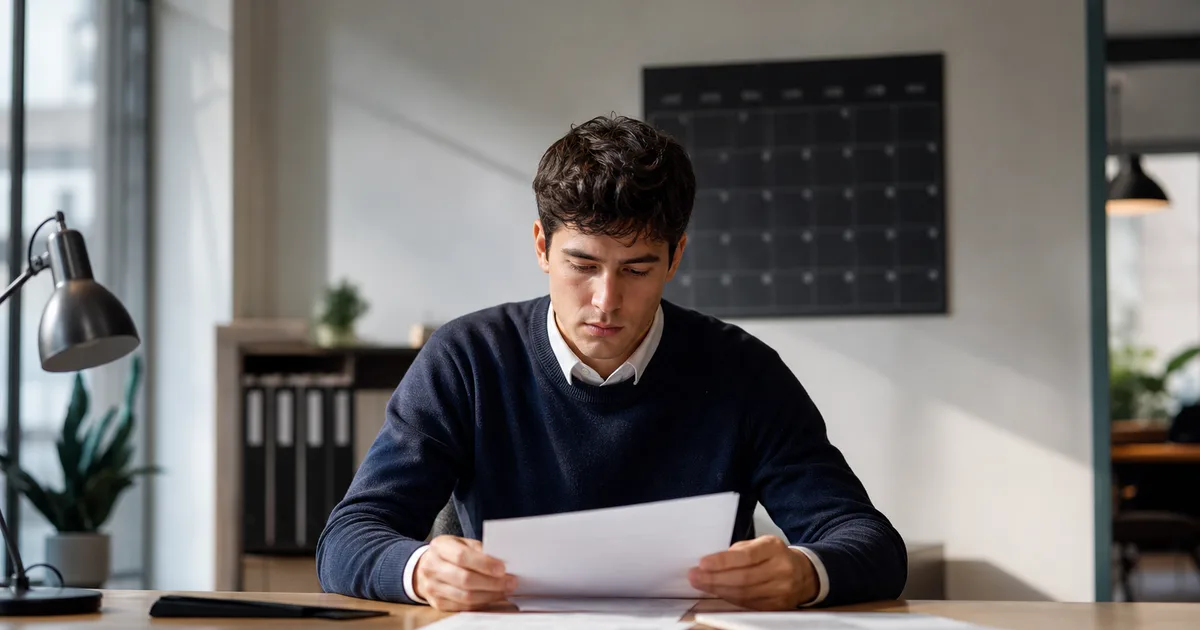 A graduate in business casual attire reviewing printed forms at a brightly lit office desk with a wall calendar visible in the background