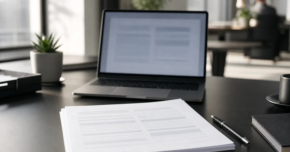 An organized desk with a printed multi-page form, a pen and a laptop showing a blurred document, clean bright office light, no readable text