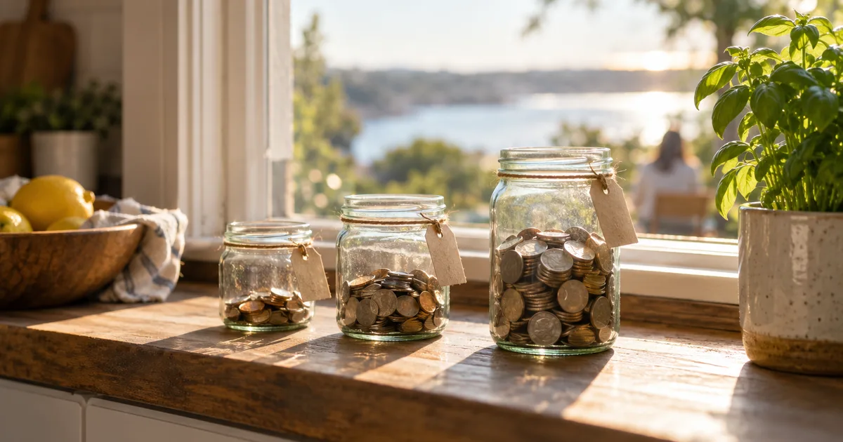 Three glass jars holding coins at different heights lined up on a sunny kitchen windowsill, small paper tags on each turned away from view, a potted herb at