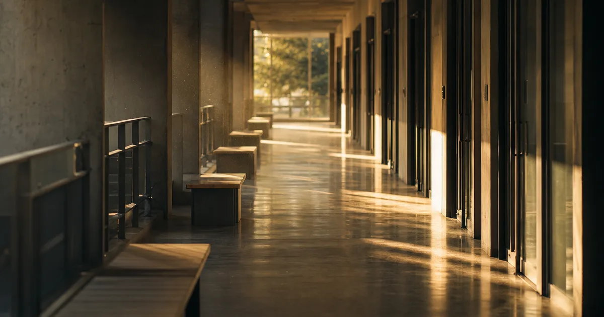 A university engineering building corridor at seven in the morning, low sunlight cutting across empty benches and a row of closed laboratory doors, dust