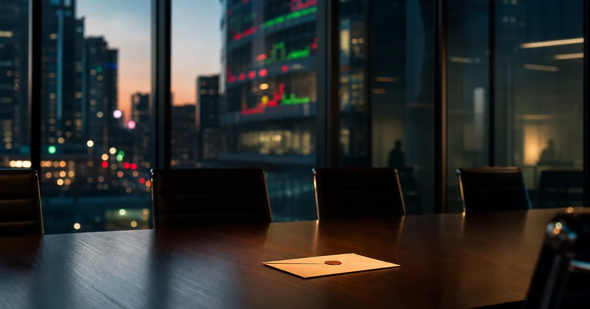 A glass-walled conference room at dusk with a stock market display board visible through the window and a sealed envelope on an empty conference table