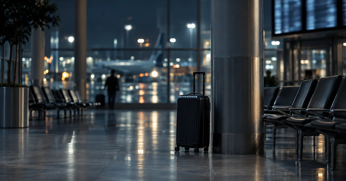 A traveler checking a boarding pass and passport at an airport gate window overlooking a parked jet