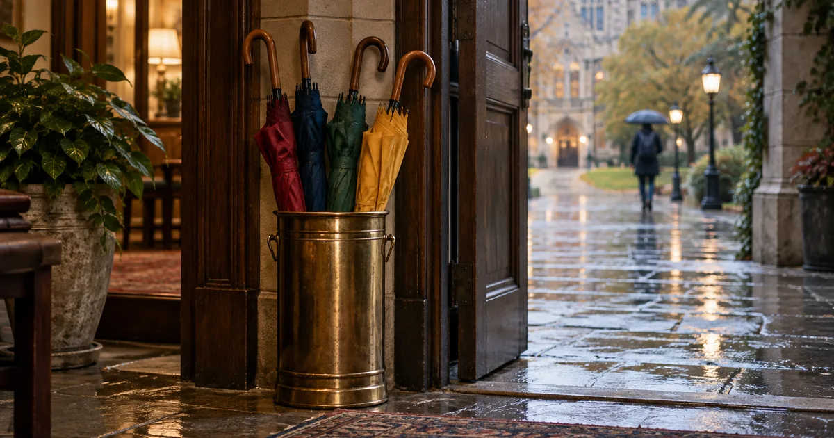 Four differently coloured umbrellas leaning together in a brass stand at the entrance of an international student centre on a rainy afternoon, wet flagstones