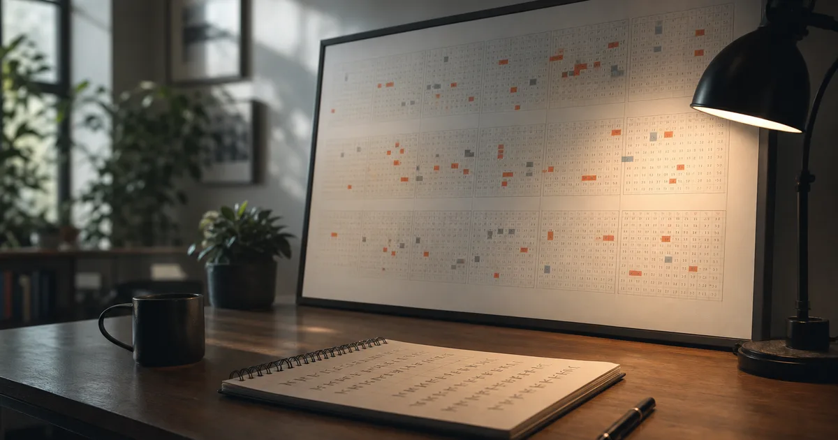 A large wall calendar showing multiple years with certain months highlighted, beside a desk lamp casting warm light over a notepad with tally marks