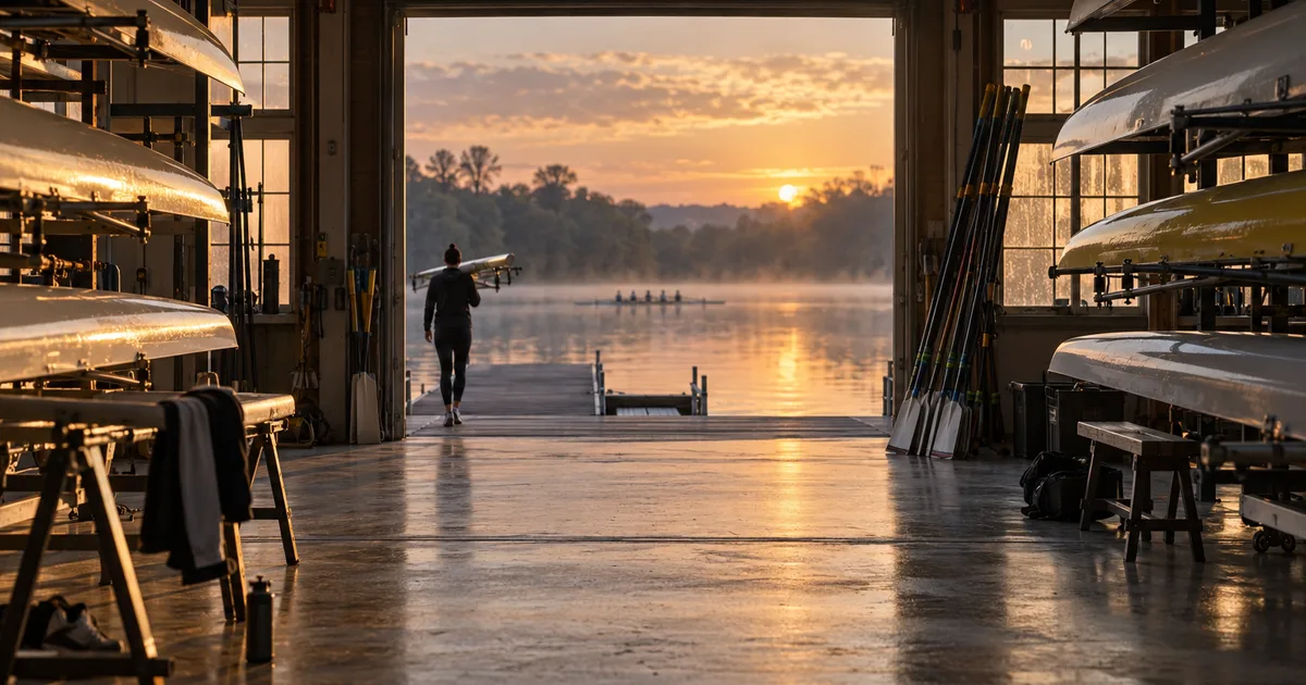 A rowing club boathouse at dawn with racing shells racked along the walls, oars leaning by the open doors and still river water beyond