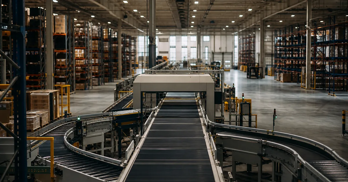 A high-ceilinged distribution warehouse with conveyor belts and automated sorting equipment under bright industrial lighting, empty during off-hours with
