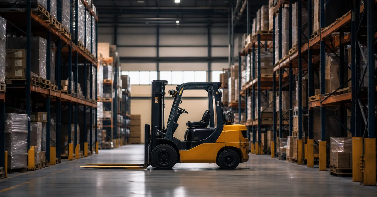 A modern logistics warehouse with neat high shelving and a parked forklift, wide perspective, cool industrial light
