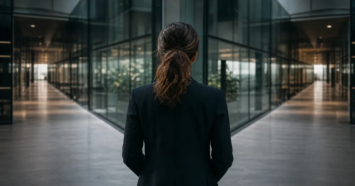 A professional standing at a crossroads inside a glass office building corridor, two hallways diverging, diffused natural light, no text or logos