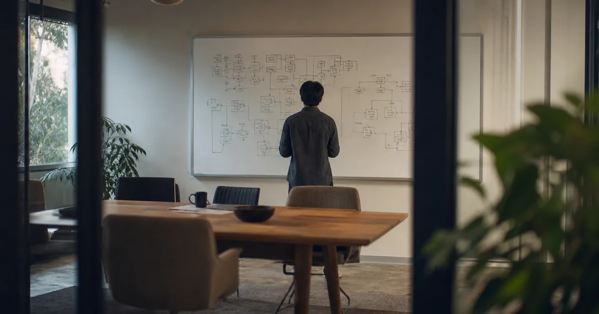 An engineer at a whiteboard covered in architecture diagrams with boxes and arrows representing servers and data flows, in a casual tech company interview