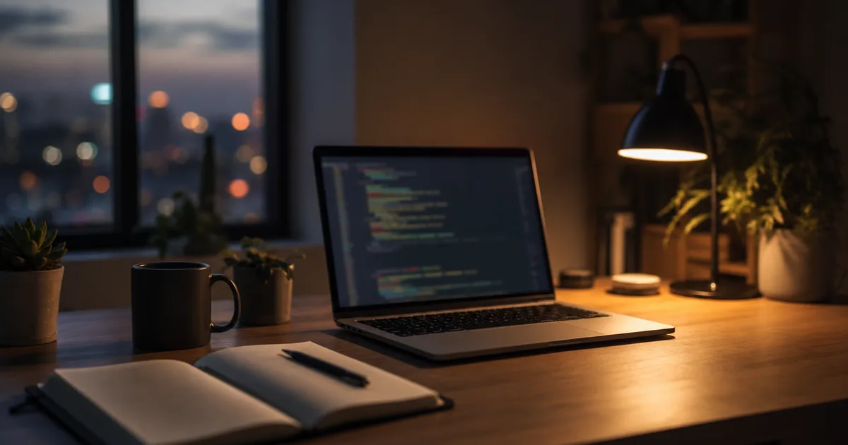 A focused late-evening desk with a laptop showing blurred code, a notebook, a coffee and a warm lamp, studious mood, no readable text, no people