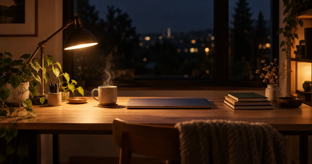 A laptop showing lines of code on a desk beside a printed calendar with a circled deadline, warm evening light