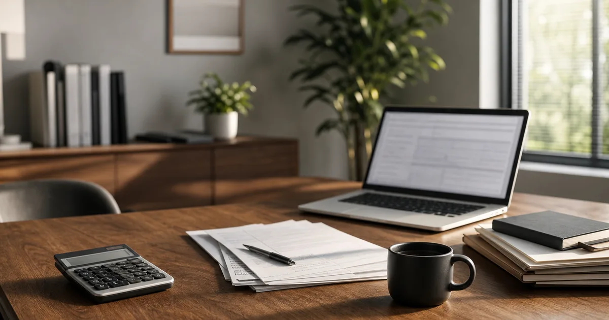 A tidy home desk with a calculator, a coffee and a laptop showing a blurred tax form, organized papers, calm morning light, no readable text