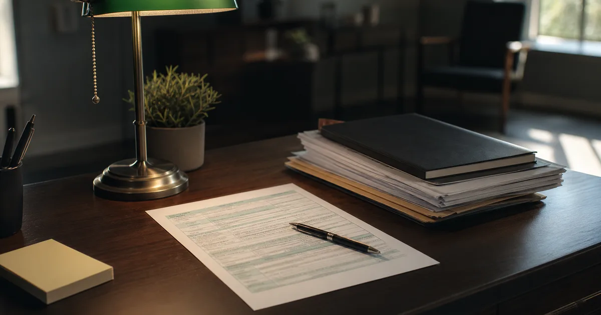 A clean desk with a government tax form being filled in with a ballpoint pen, a green desk lamp illuminating the page, and a stack of reference documents