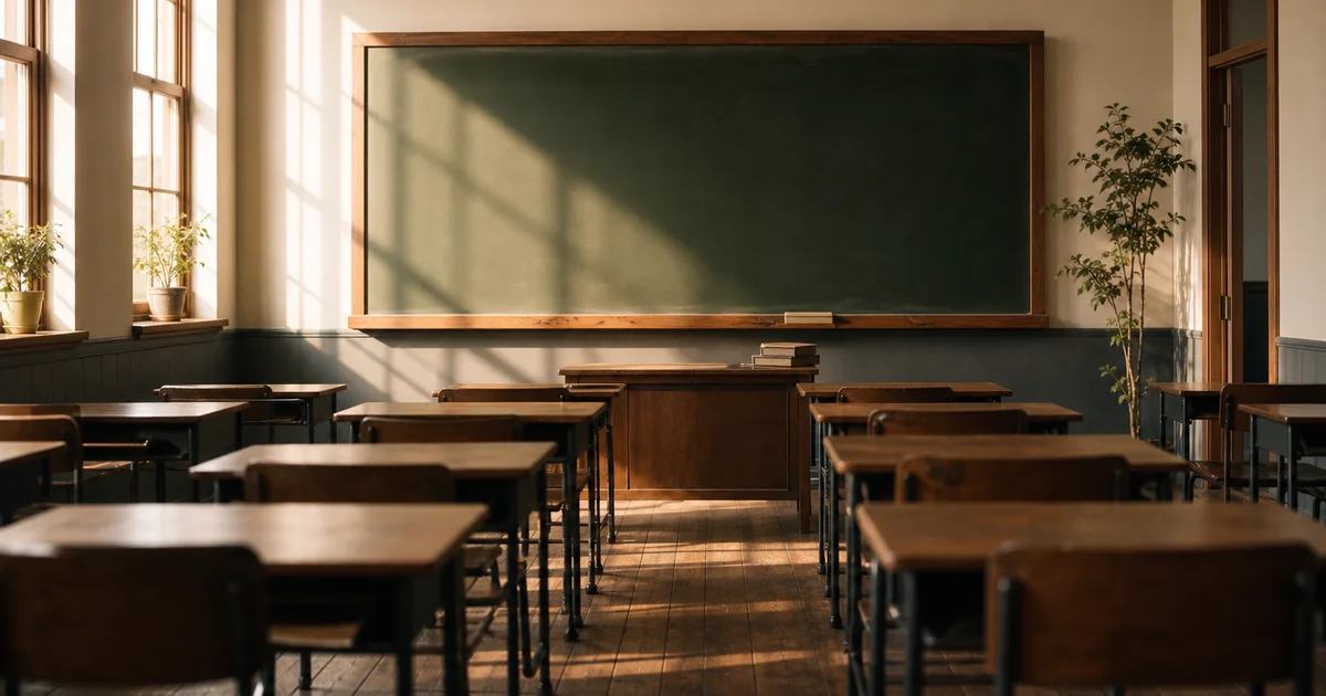A sunlit empty classroom with a clean chalkboard and neat rows of desks, warm nostalgic morning light