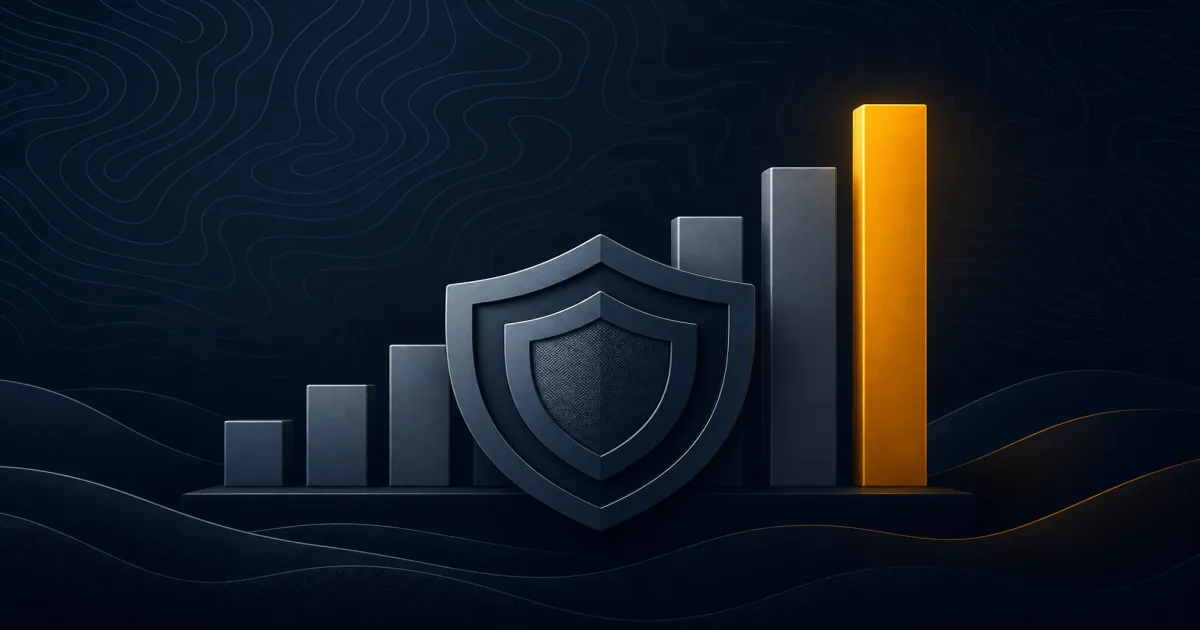 Abstract layered shield and rising bar-chart motif in brand colors over a topographic-line texture, suggesting durable, growing careers.