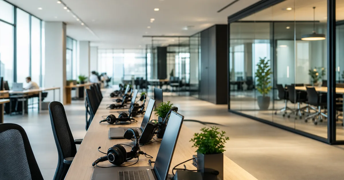A bright modern sales floor with headsets and laptops on long desks and a glass meeting room, energetic clean composition