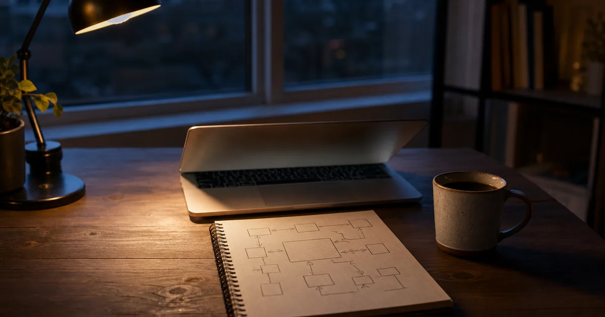 A candidate working through algorithm practice on a laptop beside a notebook of handwritten problem patterns