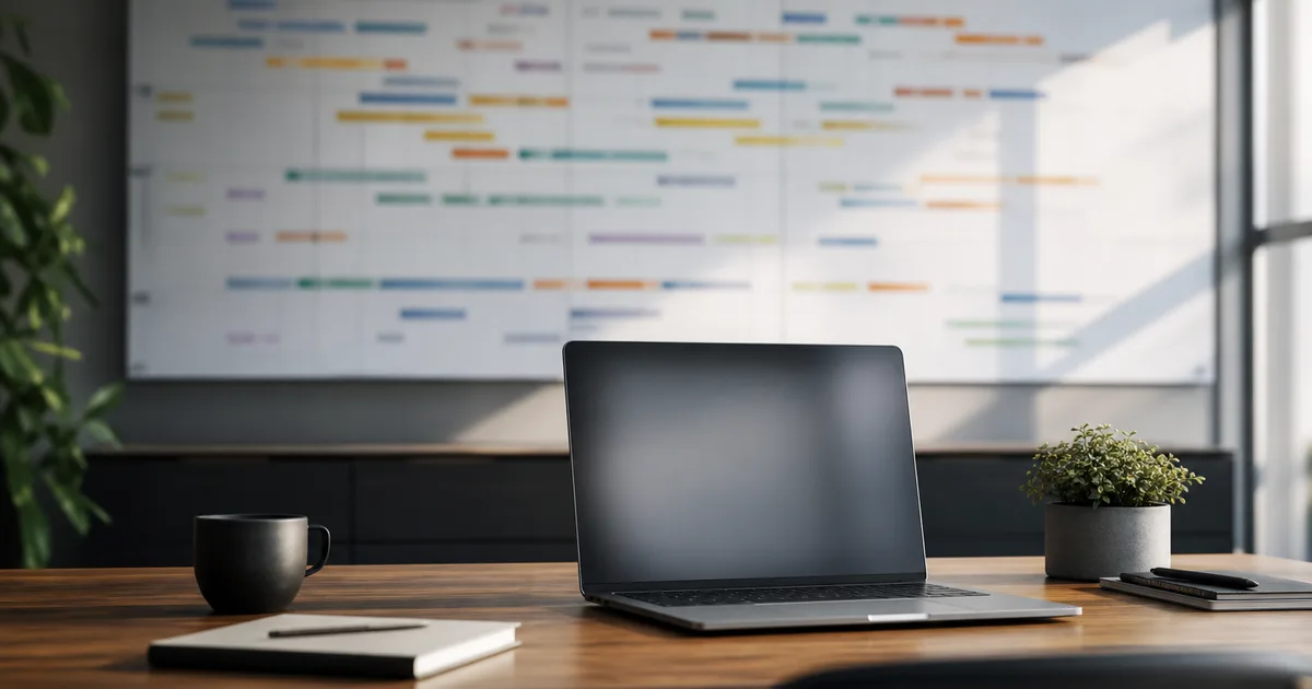 A planning wall with blurred timeline and dependency charts beside a clean desk holding a laptop, bright organized office light, no readable text, no people