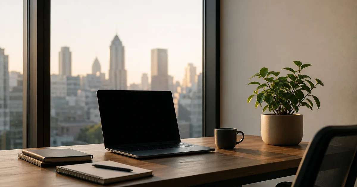 A calm minimalist home office setup with an open laptop, physical notebooks, and a single potted plant beside a tall window overlooking an urban skyline in