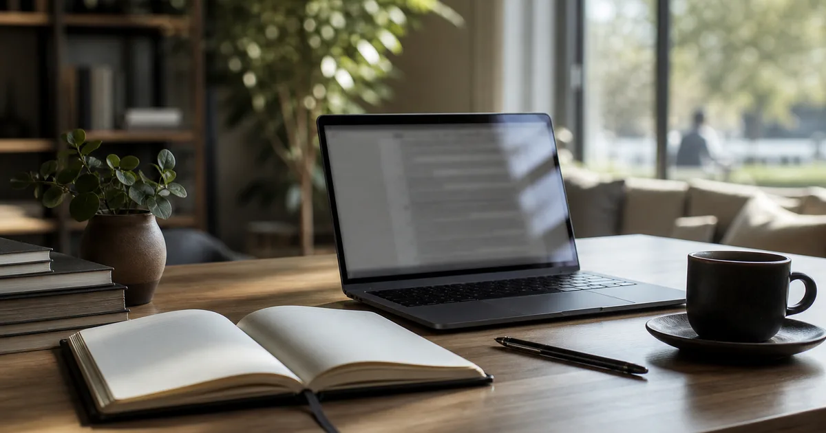 A clean writer workspace with a laptop showing blurred documentation, an open notebook, a coffee and a pen, calm focused daylight