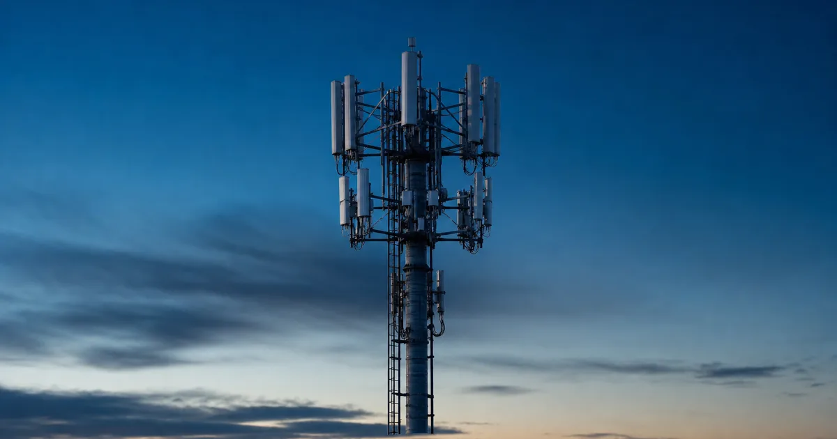A telecom cell tower against a blue-hour sky with antenna arrays, clean geometric composition and cool tones, no people
