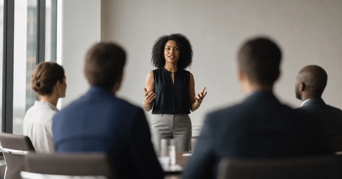 A confident person speaking in front of a small interview panel in a bright, modern meeting room, gesturing naturally with their hands, diverse panelists