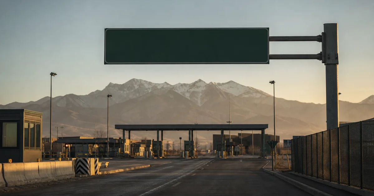 A border-crossing scene at dawn with a highway sign post (blank) and mountains beyond, expansive calm light, no readable text, no people