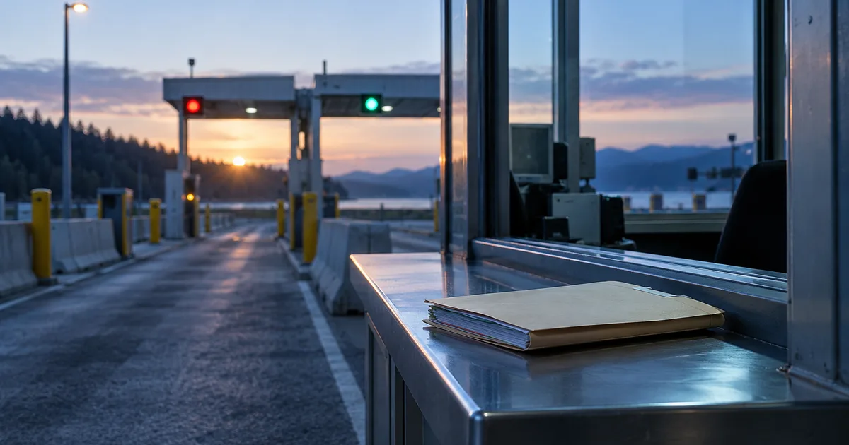 A Canada-US land-border inspection booth at dawn, one empty lane with its signal lights glowing, a manila folder of papers resting on the booth counter under