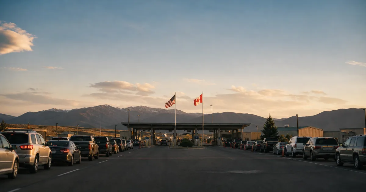 A land border crossing checkpoint photographed from a distance at golden hour, vehicles queued on both sides, international flags visible on flagpoles
