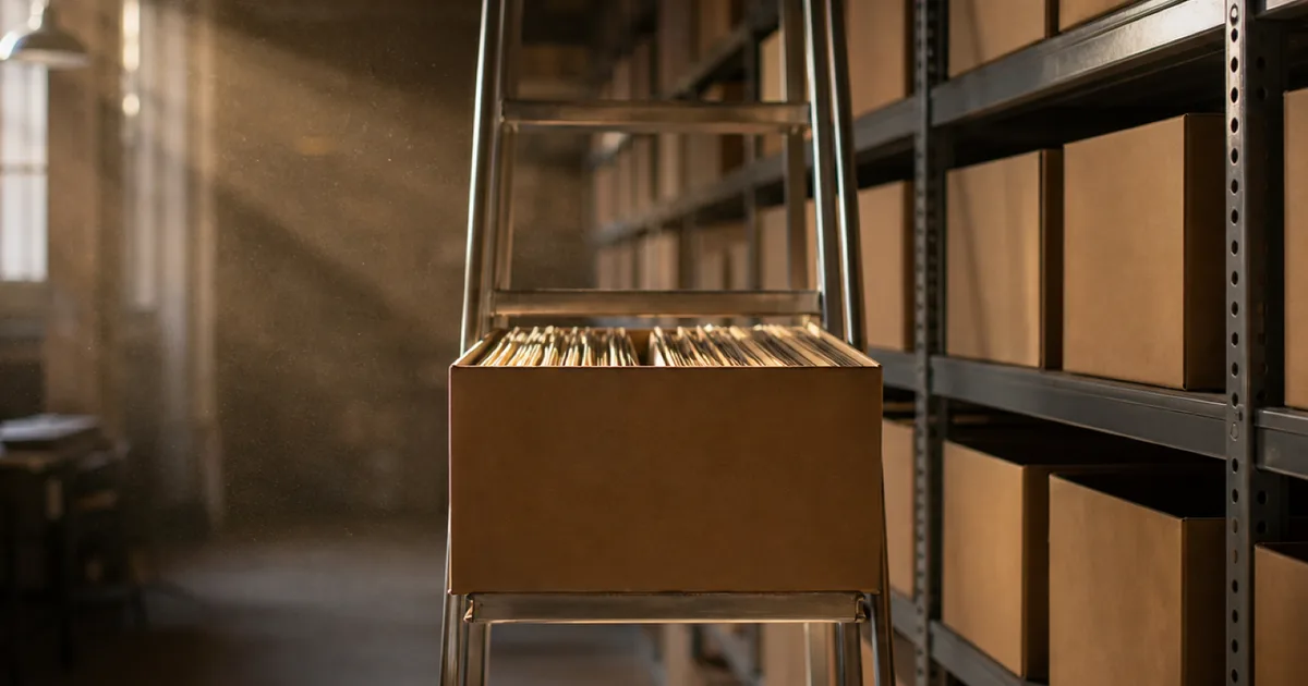 A late-afternoon records archive lined with steel shelving and unlabeled cardboard file boxes, one box pulled halfway out onto a rolling ladder, dust