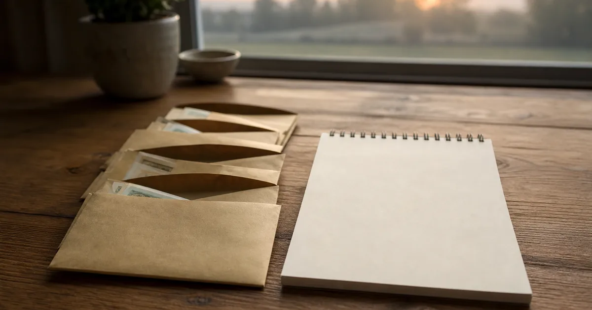 A dawn wooden table with a budget envelope system, cash-stuffed envelopes beside a blank notepad