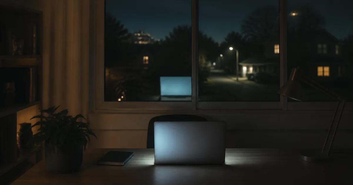 A person quietly reviewing job documents on a laptop at a home desk in the evening, phone turned face down beside a cup of coffee