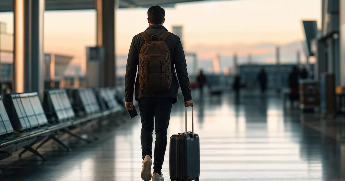 A traveler at an airport with a carry-on bag and passport, departure gates visible in the background, soft ambient terminal lighting
