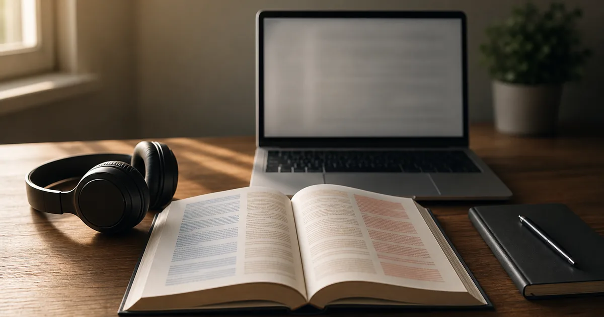A quiet desk with headphones, an open multilingual book and a laptop showing blurred text, warm focused light, no readable text, no people