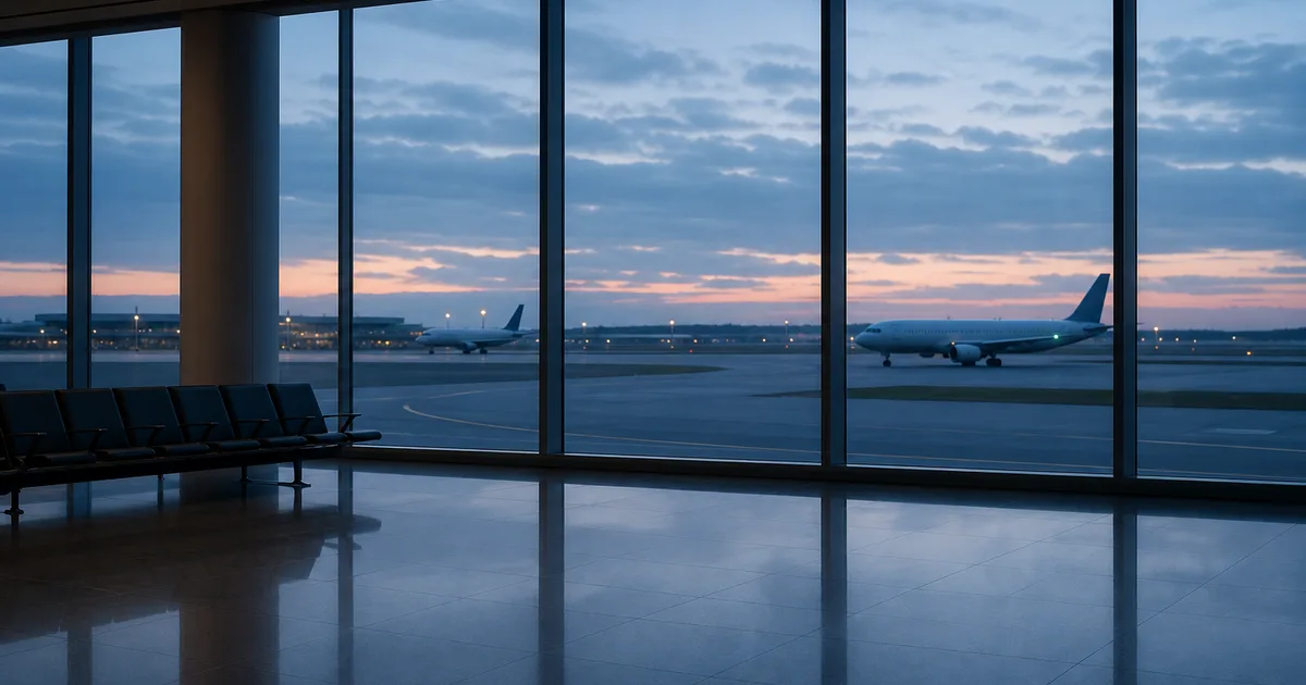International student at an airport gate with a passport and boarding pass, large windows showing a plane on the tarmac outside