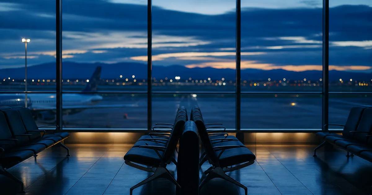 Traveler checking a passport and boarding pass at an airport gate, suitcase beside them, departures board blurred in the background