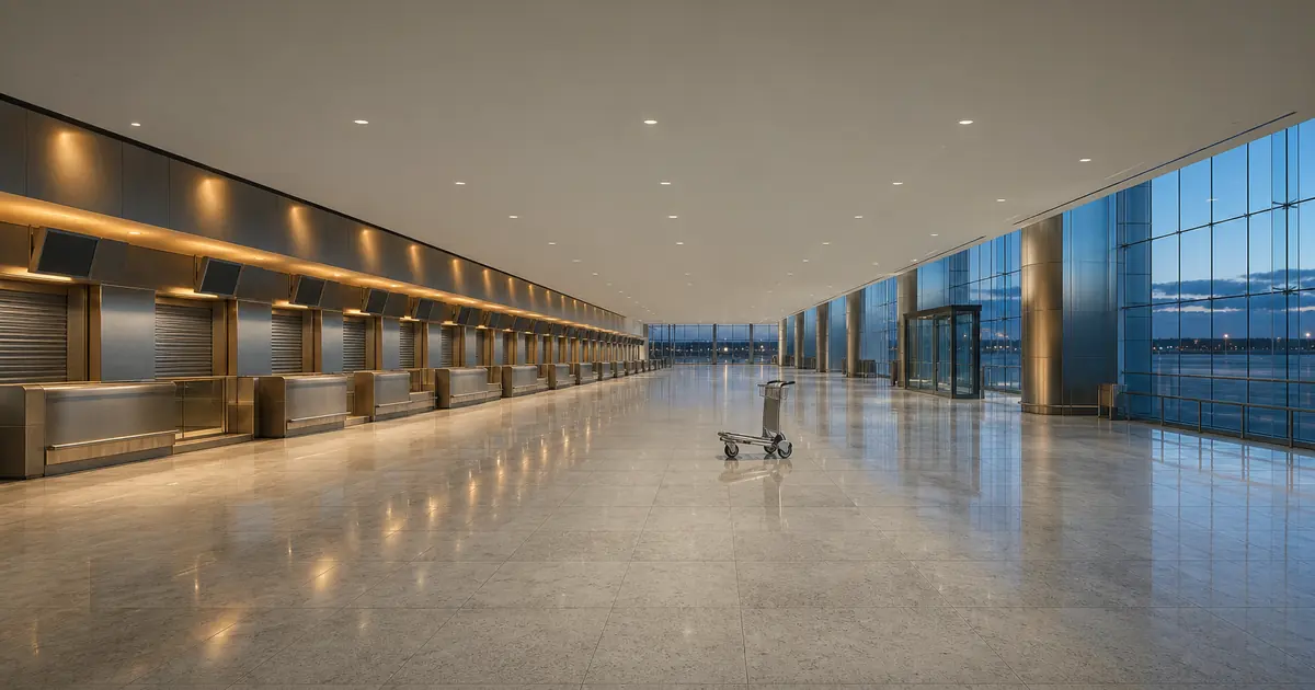 An early-morning airport departures hall with empty check-in counters, a polished floor reflecting overhead lighting, and a single unattended luggage trolley